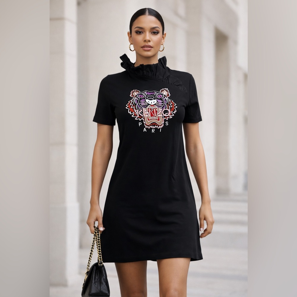 KENZO Black Ruffle Tiger T-Shirt Dress — Size Small